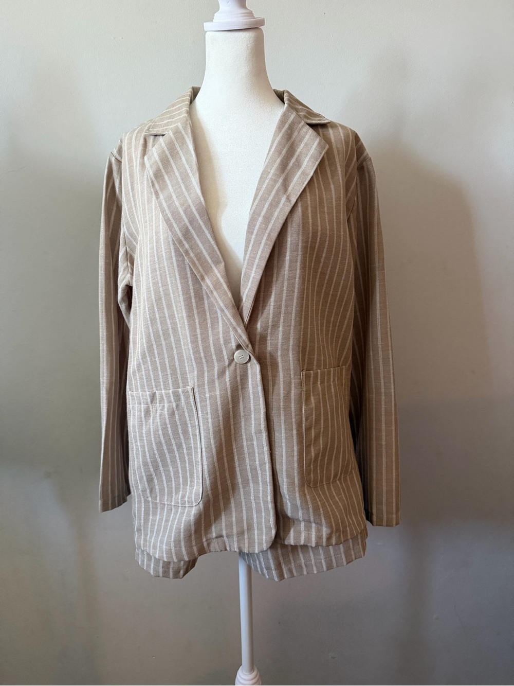 Beige Striped Blazer Jacket With Shorts Set- Women's Lightweight Coat